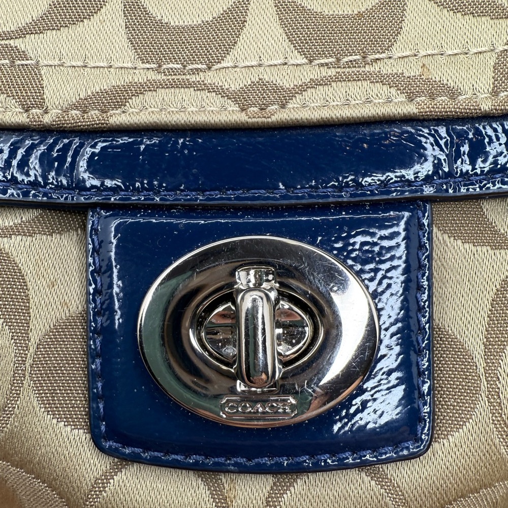 Coach 2012 Signature Jacquard Shoulder Bag Blue Leather Trim Turnlock F12699 - Picture 10 of 12